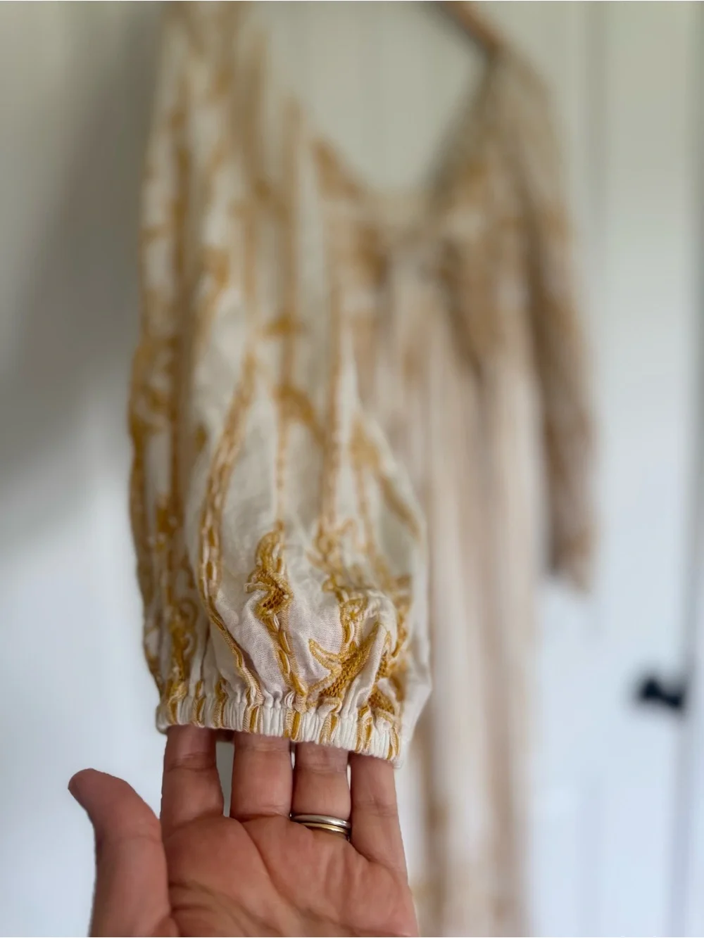 Anthropologie Embroidered Sweetheart Maxi Dress Ivory Gold Boho Balloon Sleeve S - Picture 5 of 14